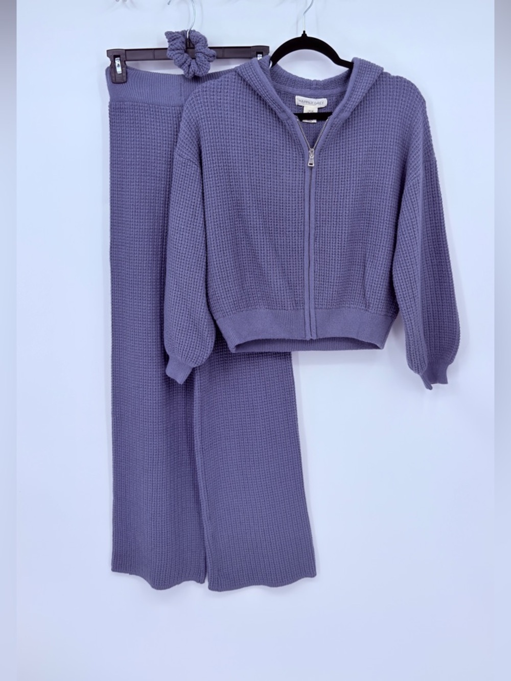 Happily Grey Blue Knit Set XS Hoodie + Wide Leg Pants Cozy Lounge Set